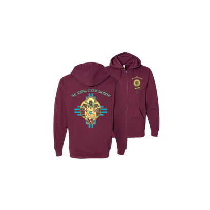 Honey Bee Full Zip maroon hooded sweatshirt featuring colorful bee design with turquoise accents on back and small emblem on front chest. Independent Trading brand zip-up hoodie shown from front and back view, displaying String Cheese Incident band artwork.