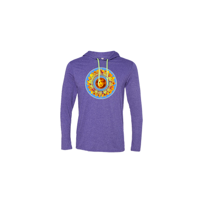 Unisex Long-Sleeve Hooded Medallion in purple featuring a vibrant circular design with orange and blue colors. The lightweight cotton hoodie displays The String Cheese Incident Medallion graphic centered on the chest against a rich purple fabric background.