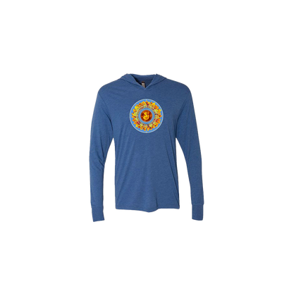 Unisex Long-Sleeve Hooded T-Shirt in blue featuring The String Cheese Incident Medallion graphic design centered on chest, made from soft ringspun cotton with lightweight hooded construction and long sleeves