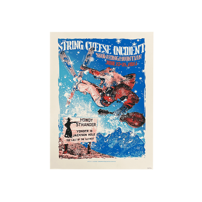 Vibrant concert poster featuring a skiing fox in midair against a snowy blue background, promoting String Cheese Incident's show at Snow King Mountain. Includes playful 