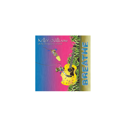 Album cover for Breathe Vinyl LP featuring vibrant gradient background from blue to pink, with a stylized cartoon figure holding an acoustic guitar sitting on a yellow object, surrounded by green foliage border and bold Breathe text on the side.