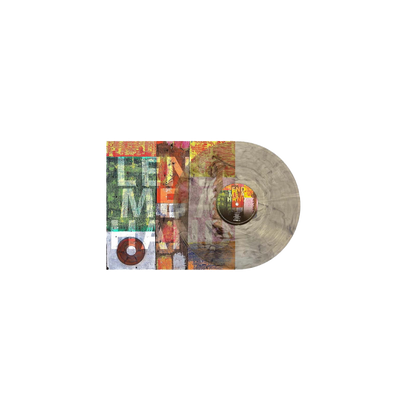 Clear smoke vinyl record of 'Lend Me A Hand' album featuring abstract album artwork with distressed typography in green, orange, and red tones against a textured background, displayed with visible vinyl disc and center label.