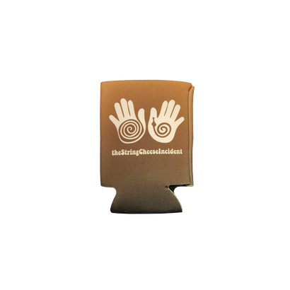 Little Hands Koozie featuring two cream-colored spiral hand designs screen printed on a brown gradient beverage sleeve, with The String Cheese Incident band name displayed underneath the iconic hand symbols