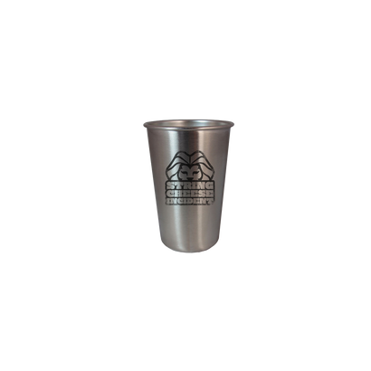 Lion Head Pint stainless steel cup featuring the String Cheese Incident band logo embossed on a brushed metallic finish, designed for beverages with a classic pint glass shape