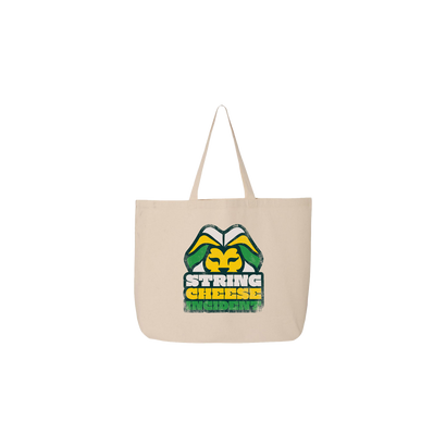 Lion Head Tote featuring a bold graphic design with a yellow and green lion head logo on natural canvas, displaying 