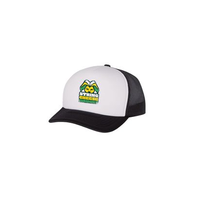 Lion Head Trucker Hat featuring Jamaica-colored lion logo embroidered on white foam front panel with black mesh back, adjustable snapback closure, classic trucker style in white and black colorway