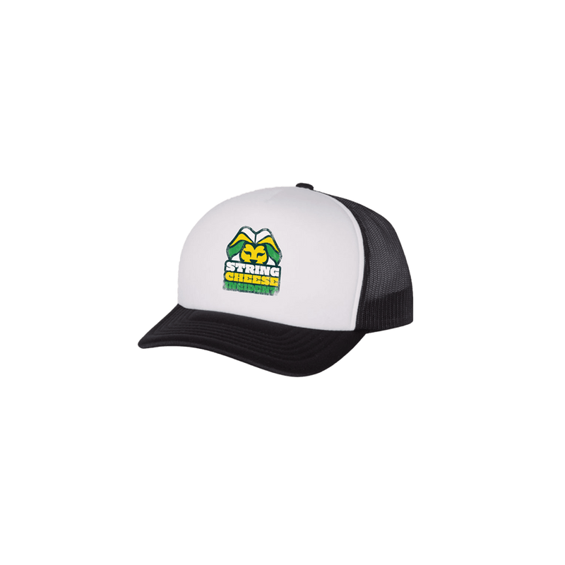 Lion Head Trucker Hat featuring Jamaica-colored lion logo embroidered on white foam front panel with black mesh back, adjustable snapback closure, classic trucker style in white and black colorway