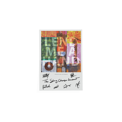 Limited edition Lend Me A Hand album artwork poster featuring colorful, textured block letters against a distressed background, signed at the bottom. The design displays vibrant orange, green, pink and brown tones in a graffiti-style layout.