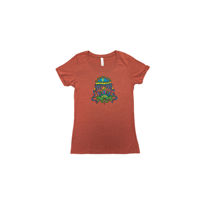 Womens Lotus Tee in clay color featuring a vibrant lotus flower design with blue and green details. Classic crew neck t-shirt with short sleeves displaying The String Cheese Incident artwork centered on the chest.