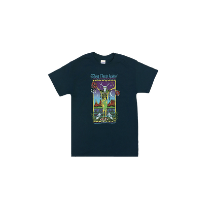 Midnight Desert Dude t-shirt featuring a vibrant desert scene with a tall saguaro cactus under a starlit purple sky, moon, and colorful geometric elements in a tarot card-style frame design on a black cotton blend garment