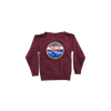 Mountain Hoodie in burgundy featuring a circular mountain scene logo with vibrant blue and orange colors on the back. Zipper-front sweatshirt with fleece interior and drawstring hood, displayed flat against white background.