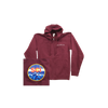 Burgundy Mountain Hoodie with full zipper featuring a small mountain outline design on chest and circular mountain logo patch with blue and orange accents on bottom left corner, displayed on white background