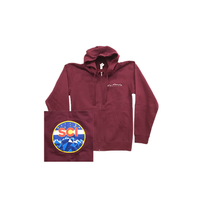 Burgundy Mountain Hoodie with full zipper featuring a small mountain outline design on chest and circular mountain logo patch with blue and orange accents on bottom left corner, displayed on white background