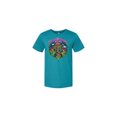 SCI Mushroom Jelly Tee featuring a vibrant psychedelic circular design with colorful mushrooms, swirls, and nature elements printed on a teal unisex t-shirt. The artwork combines bold colors including purple, yellow, and black in a festival-inspired style.