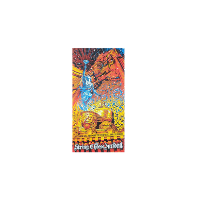 SCI New Years Eve 2023 12/30 Poster featuring vibrant psychedelic artwork with orange, blue, and yellow swirling patterns, showcasing an ornate theater design and abstract cosmic elements. Limited edition concert poster for Fox Theater Oakland show.