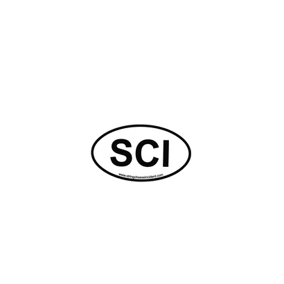 SCI Oval Sticker featuring bold black letters SCI inside a classic oval border design on white background, measuring 5 inches wide, perfect for vehicles, laptops, or any smooth surface