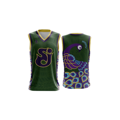 Peacock Basketball Jersey featuring vibrant green base with purple and gold accents, ornate peacock design with detailed feather pattern on back, sleeveless athletic cut with v-neck collar, stylized logo on front chest