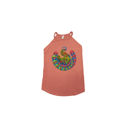 Womens Peacock Tank in blush frost color featuring a vibrant, colorful peacock design with ornate feathers and floral elements. The peacock displays bright yellow, green, and blue plumage in a circular arrangement against the soft pink fabric.