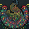 SCI Peacock Tapestry featuring a vibrant, psychedelic-style peacock design with ornate tail feathers in rainbow colors against a dark background. The peacock's plumage displays intricate swirls and patterns with glowing eye-like designs in red, green, yellow, and blue tones.