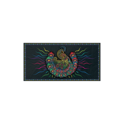 SCI Peacock Tapestry featuring a vibrant psychedelic peacock design with multicolored feathers and radiating lines against a dark background. The ornate pattern combines turquoise, pink, yellow, and blue hues in a striking boho-inspired decorative piece.