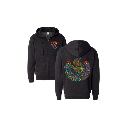 Peacock Dreams Full Zip Hoodie featuring a charcoal black cotton-poly blend with vibrant peacock design. Front shows small colorful logo, while back displays large artistic peacock illustration in green and gold with decorative red and blue feather pattern. Perfect for casual wear with a unique artistic flair.