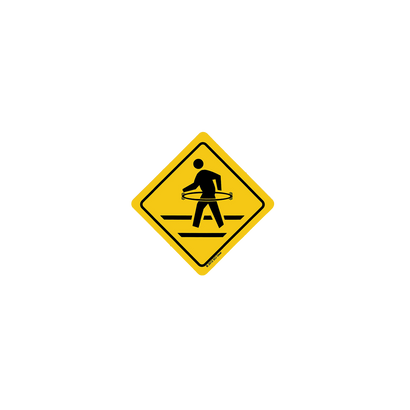 PED X Sticker featuring a yellow diamond-shaped crossing sign with a playful stick figure hula hooping while crossing, inspired by The String Cheese Incident band. Black silhouette design on bright yellow background resembles a classic pedestrian warning sign with a whimsical twist.