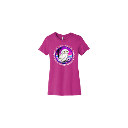 Pink Michael Everett Owlbuquerque T-Shirt featuring a white cartoon owl design in a circular frame with desert cactus silhouette against a purple background. Bella+Canvas women's slim fit t-shirt in vibrant pink with commemorative Wool Warehouse artwork.