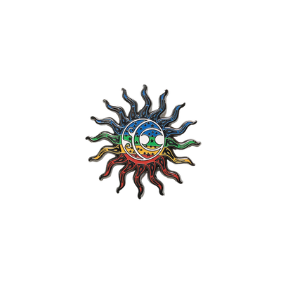 Rainbow Sun Pin featuring vibrant multicolored wavy rays surrounding a central SCI logo design with celestial motifs. The enamel pin displays a gradient rainbow pattern from blue to red, with black outline detailing and silver-tone metal finish.