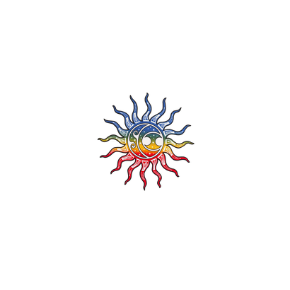 Rainbow Sun Sticker featuring a vibrant celestial design with wavy rays transitioning from blue to yellow to red in a spiral pattern, creating a psychedelic sun motif with curved, flowing lines and gradient colors, measuring 4.5 inches wide