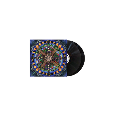 Round The Wheel 180gm Double LP Vinyl featuring psychedelic circular album artwork with spiral pattern in deep blues and oranges, displayed alongside two black vinyl records. The cover art shows intricate mandala-style design with vibrant colors and mystical motifs.