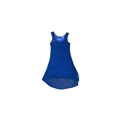 Hooper Sundress in vibrant blue with horizontal stripes, featuring a sleeveless design, scoop neckline, and high-low hem. The sustainable dress by Threads 4 Thought displays a classic fit with modern asymmetrical styling, perfect for festival wear.