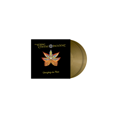 Untying The Not 180gm Double Gold Vinyl LP featuring psychedelic Cosmic Elf album artwork by Alex Grey on black background. Two gold-colored vinyl records displayed beside album cover showcasing intricate orange and blue geometric lotus design.