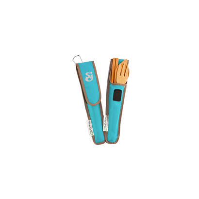 Portable Utensil Set featuring bamboo fork, knife, spoon and chopsticks in a turquoise carrying case with brown trim and carabiner clip, perfect for eco-friendly dining on the go