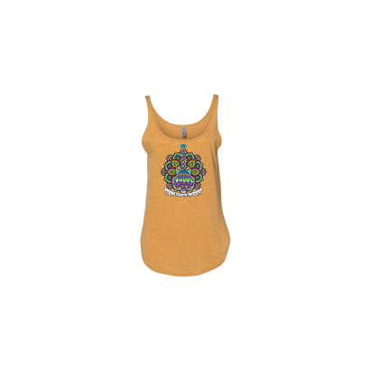 SCI Women's Mandala Guitar Tank featuring a vibrant, colorful mandala guitar design centered on an antique gold sleeveless tank top. The intricate artwork showcases blue, green, and multicolored patterns forming a decorative guitar shape on the soft poly-cotton blend fabric.