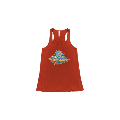 Women's Batik Mountain Tank in burnt orange featuring a colorful batik mountain design with vibrant landscape elements and decorative details. Racerback style tank top with flowy silhouette and artistic centerpiece graphic on chest.