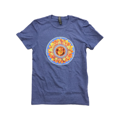 Blue t-shirt with yellow and orange medallion with SCI in the center