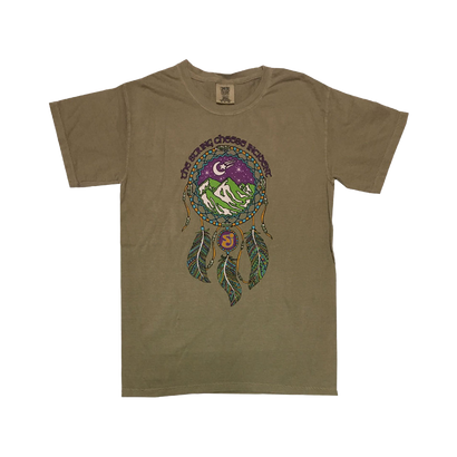 The String Chees Incident olive t-shirt with dream catcher and mountain scene in the center