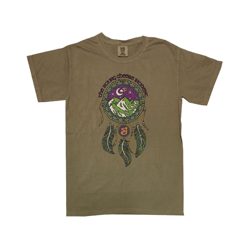 The String Chees Incident olive t-shirt with dream catcher and mountain scene in the center