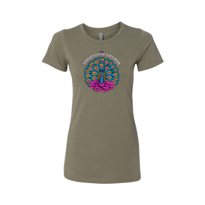 Women's cut olive t-shirt featuring our colorful Peacock graphic