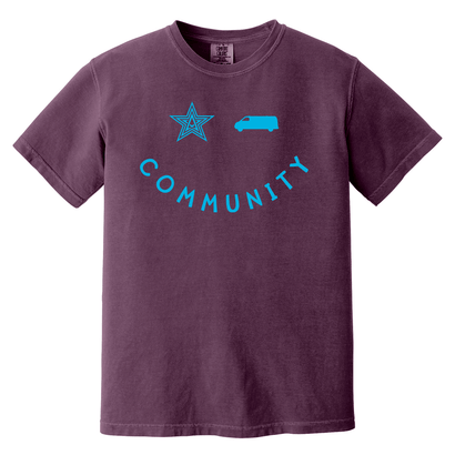 NVC Smile Maroon t-shirt featuring blue community design with star and van graphics on comfort colors cotton fabric