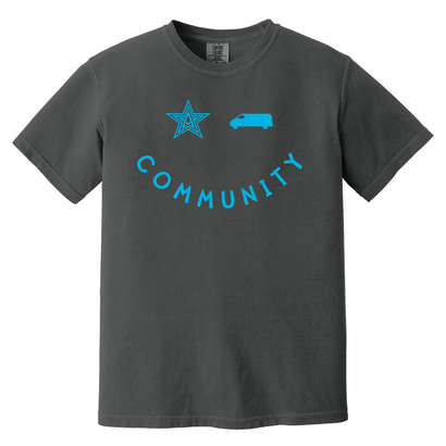 NVC Smile grey t-shirt with blue star, van silhouette and community text in curved design on comfort colors fabric
