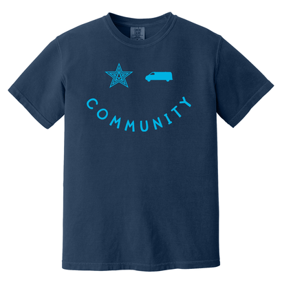 NVC Smile Navy t-shirt with blue star, van silhouette and community text design on dark blue comfort colors fabric