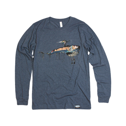 Tauk Bird Graphic on a Indigo Heather Long Sleeve T-Shirt