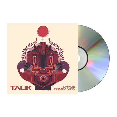 Chaos Companion CD by TAUK featuring abstract red geometric design with cityscape and circular elements, alongside a physical CD showcasing iridescent surface reflections