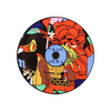 Colorful enamel pin featuring abstract floral design with vibrant red bloom, geometric shapes, and 'TAUR' text on blue center circle. Artistic Collisions Pin for fashion accessories.