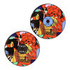 Circular pins featuring vibrant collage-style artwork with large red flowers, colorful abstract shapes, and text elements. Two identical pins shown, one in black and one in blue, showcasing the Collisions Pin design for Shopify product selection.