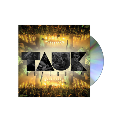 TAUK Headroom CD album cover featuring band logo, live concert background with vibrant lighting, and crowd silhouette. Includes CD jewel case with iridescent disc visible.