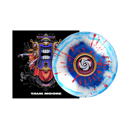 Limited edition Tauk Moore vinyl record in blue variant with red splatter design, displayed next to album cover featuring colorful abstract artwork of a tribal-style mask or face