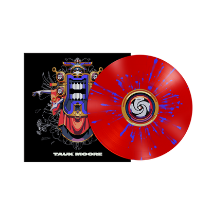 Tauk Moore Vinyl - Red Variant featuring vibrant album art with colorful robotic face on black background, alongside limited edition red vinyl record with blue splatter design and spiral center label