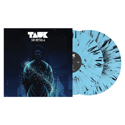 Sir Nebula vinyl album cover featuring a silhouetted figure surrounded by starry particles on a dark background, alongside a light blue vinyl record with black splatter pattern